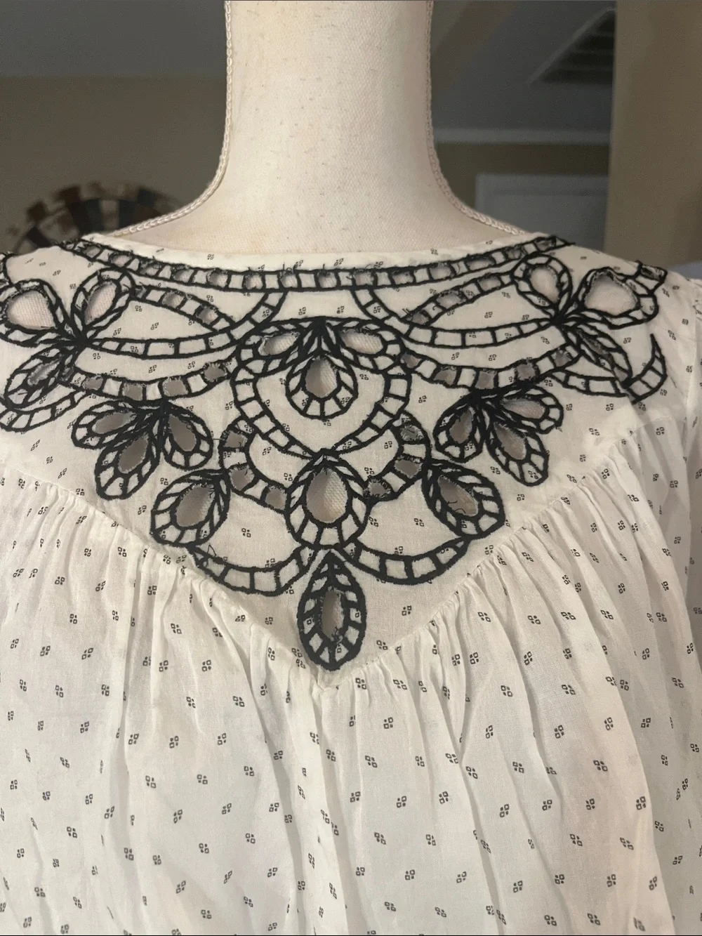 Free People White Blouse with Black Embroidered Yoke